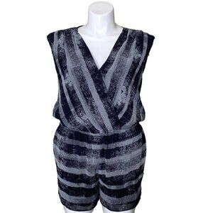 Rachel Rachel Roy Striped Sleeveless V-Neck Romper Womens L Black & Gray Polyest